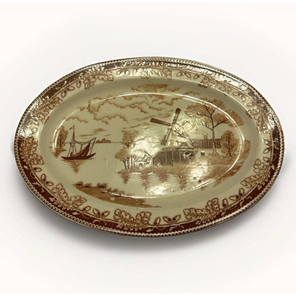 Vintage Small Transferware Platter Plate Windmill, And Sailboat Motif